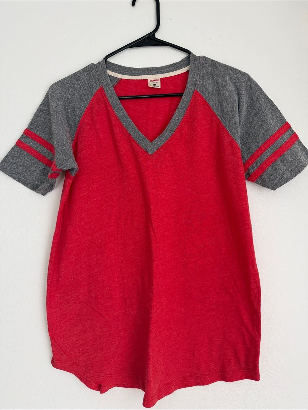 HOMAGE Red V-Neck Baseball Tee with Gray Raglan Sleeves